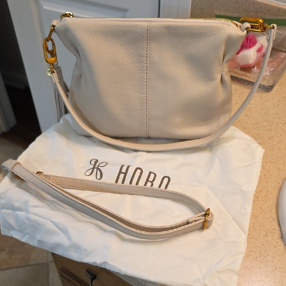 HOBO Cream Leather Shoulder Bag with Gold Hardware